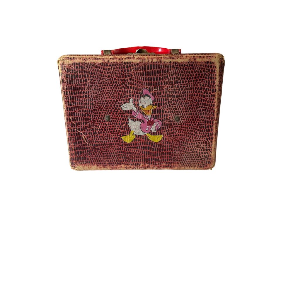 VTG WALT DISNEY PRODUCTIONS MICKEY MOUSE DONALD PLUTO RED TRAVEL CASE Rare 1950s